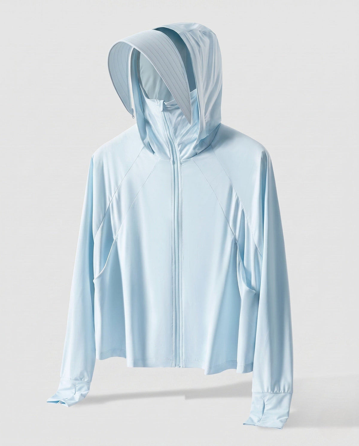 Unisex hooded sun protection jacket with extended visor brim, high stand collar and thumb holes All Fashion - product shot