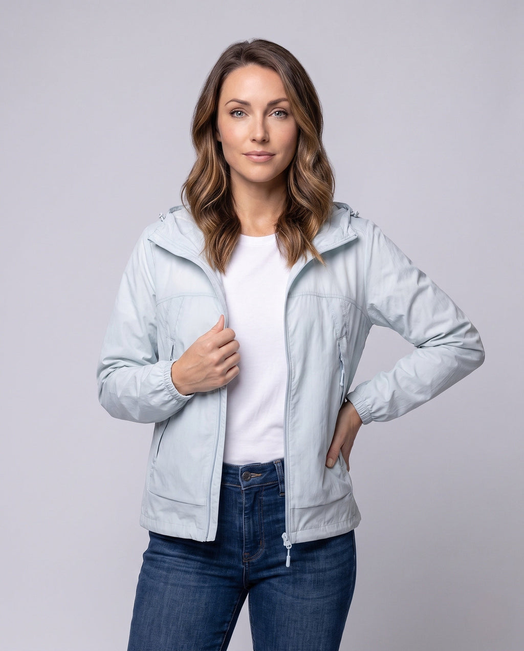 Unisex nan lightweight hooded outdoor jacket with water-repellent DWR coating and adjustable hem All Fashion - upper body view