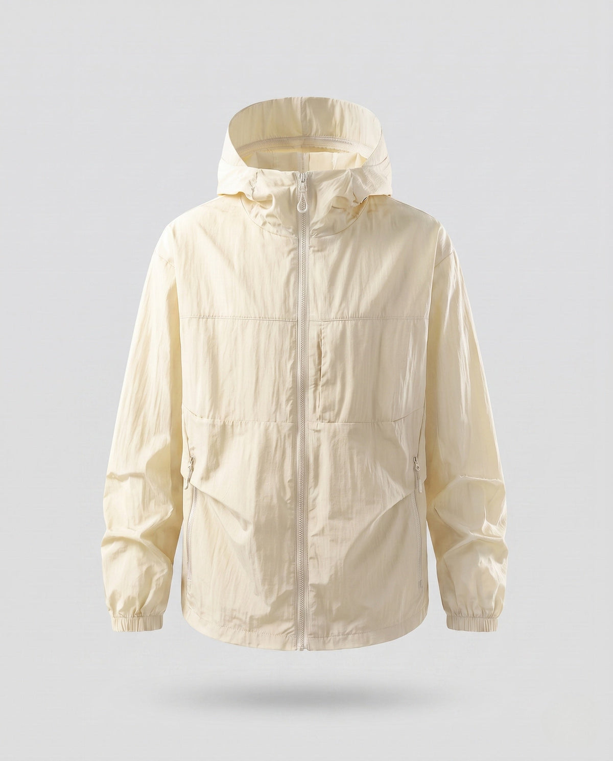 Unisex nan minimalist all-weather outdoor jacket with hood, windproof material, concealed zip pockets, and elastic hem All Fashion - product shot