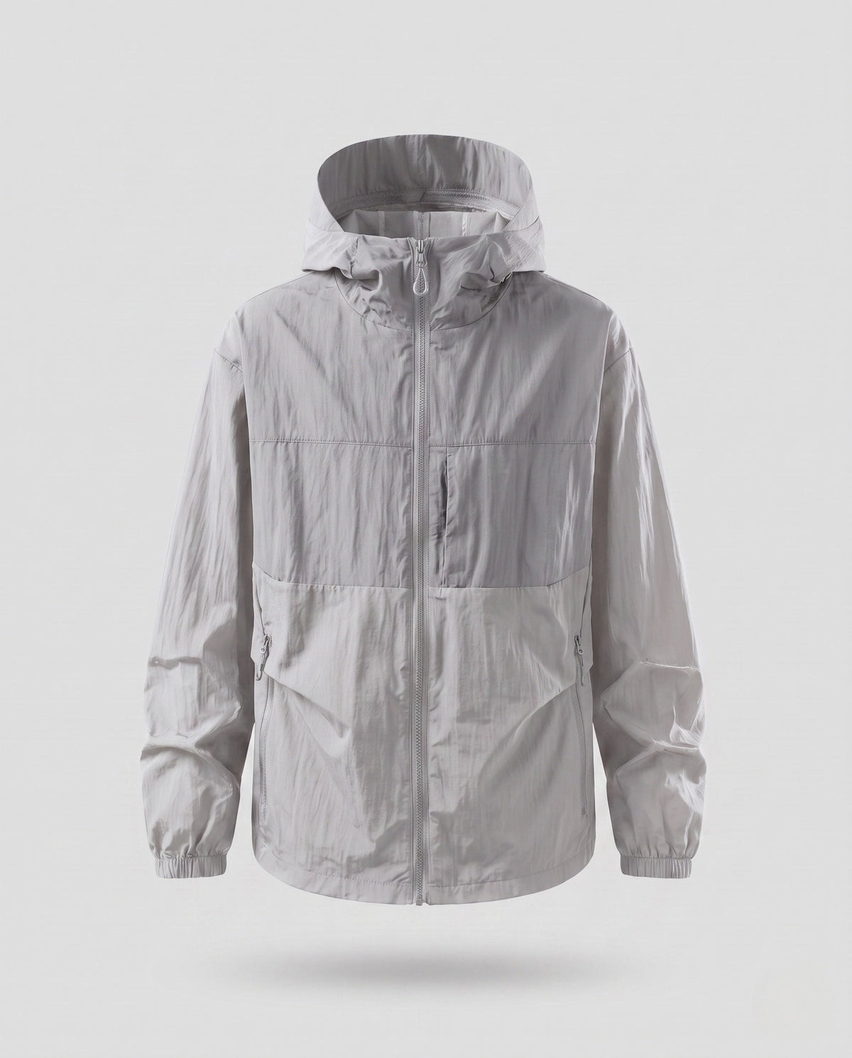 Unisex nan minimalist all-weather outdoor jacket with hood, windproof material, concealed zip pockets, and elastic hem All Fashion - product shot