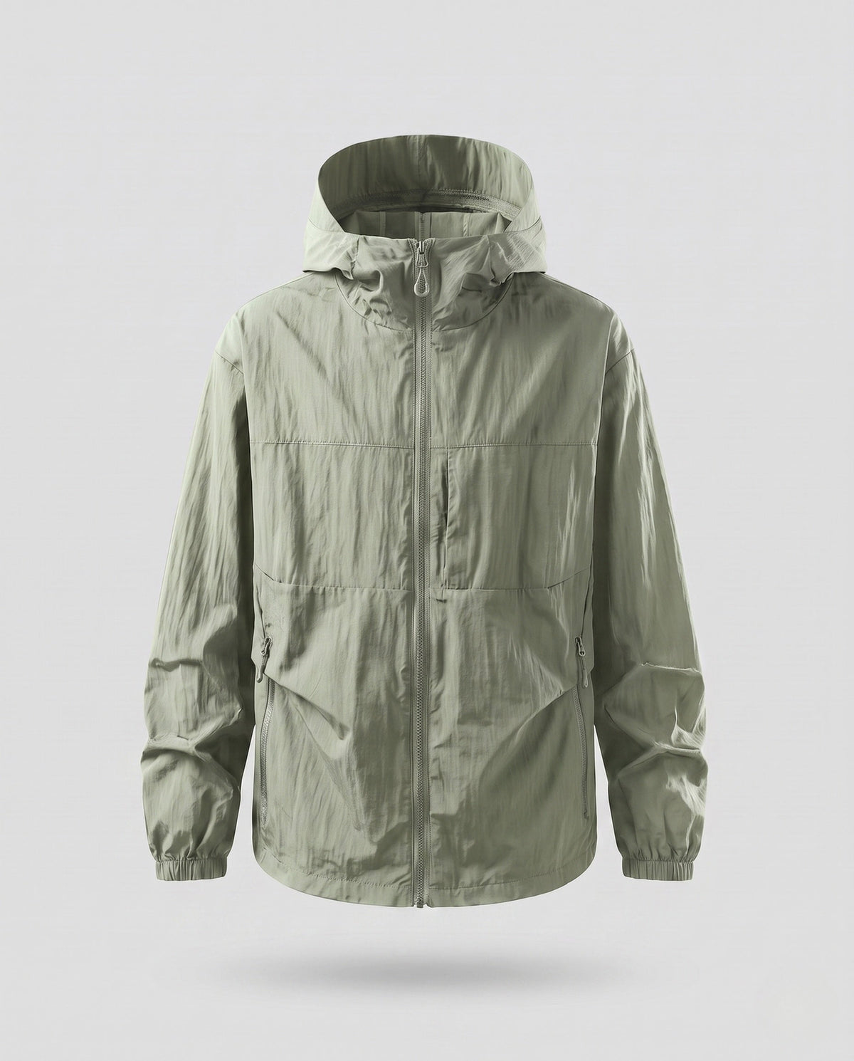 Unisex nan minimalist all-weather outdoor jacket with hood, windproof material, concealed zip pockets, and elastic hem All Fashion - product shot