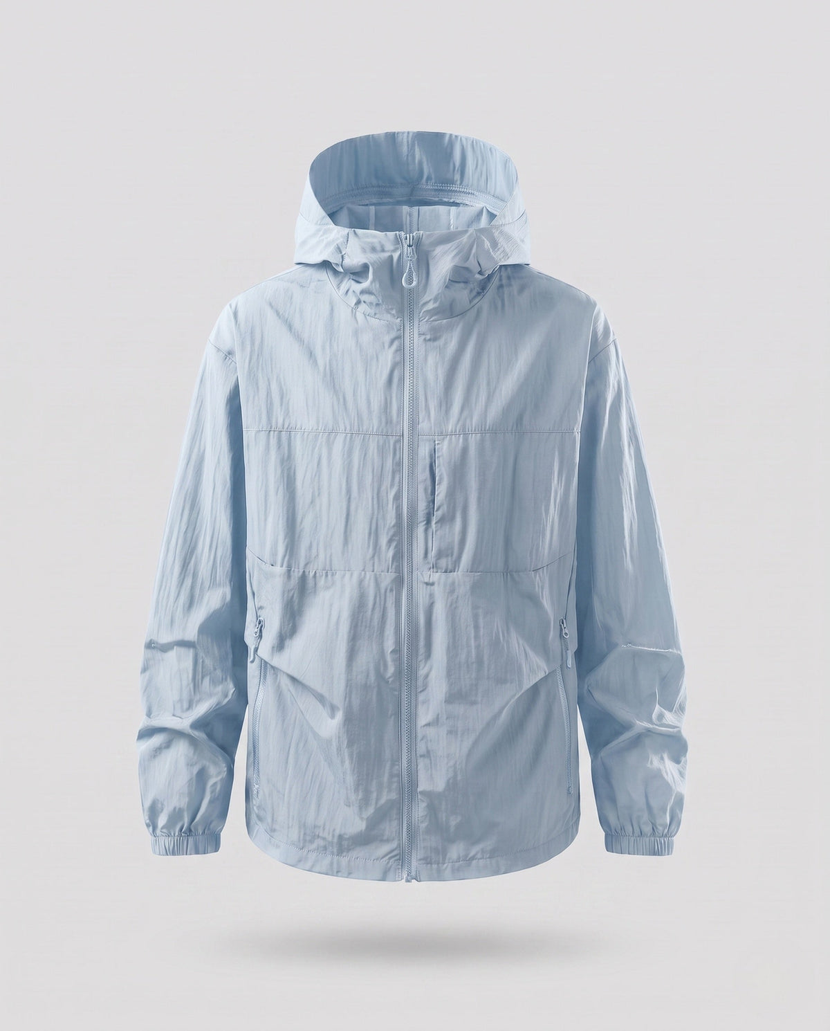 Unisex nan minimalist all-weather outdoor jacket with hood, windproof material, concealed zip pockets, and elastic hem All Fashion - product shot