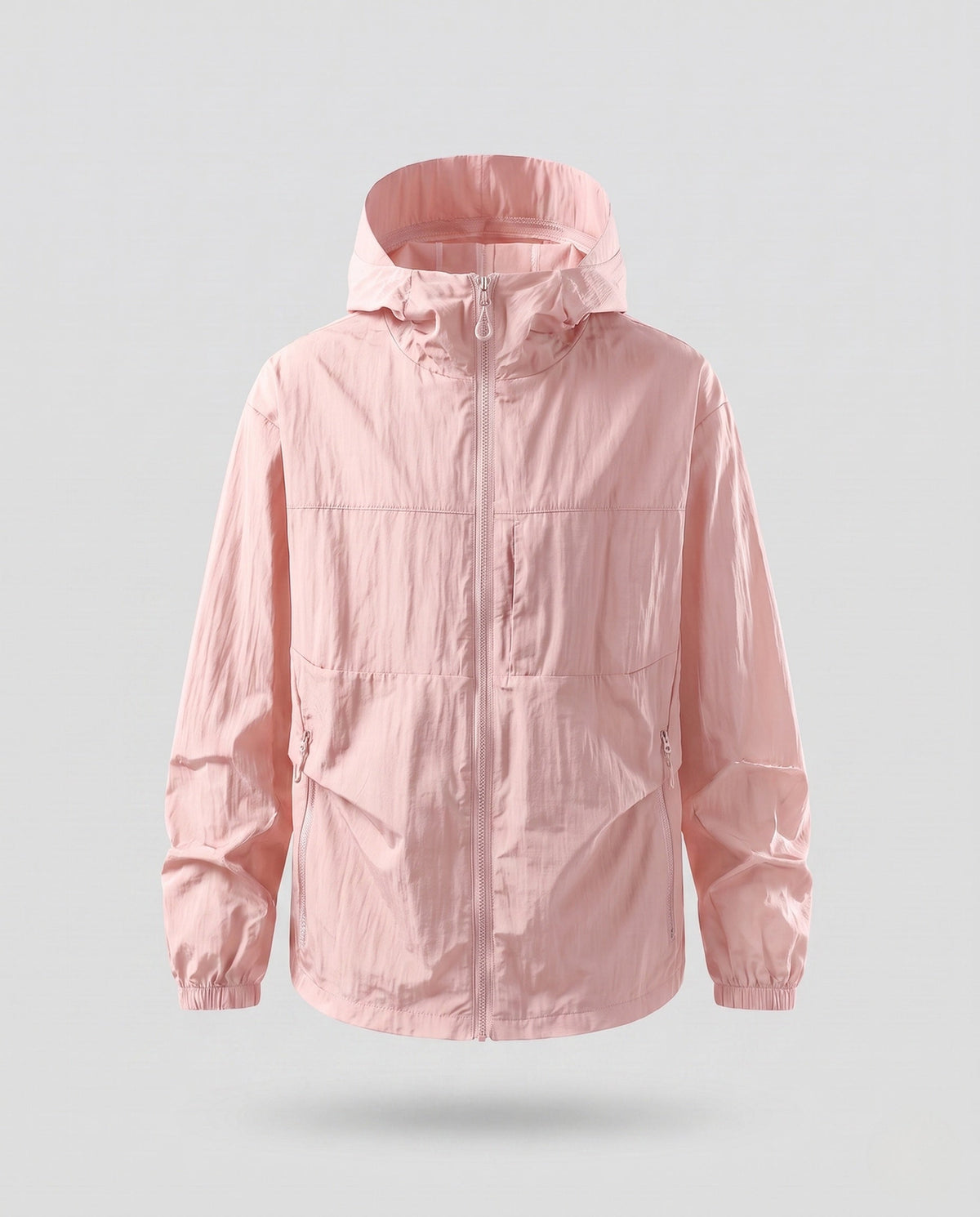 Unisex nan minimalist all-weather outdoor jacket with hood, windproof material, concealed zip pockets, and elastic hem All Fashion - product shot