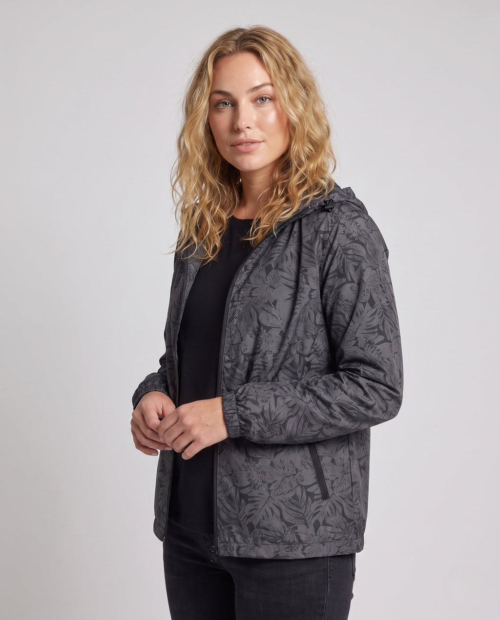 Unisex nan ultralight tropical leaf pattern hooded windbreaker with concealed pockets and packing function All Fashion - upper body view