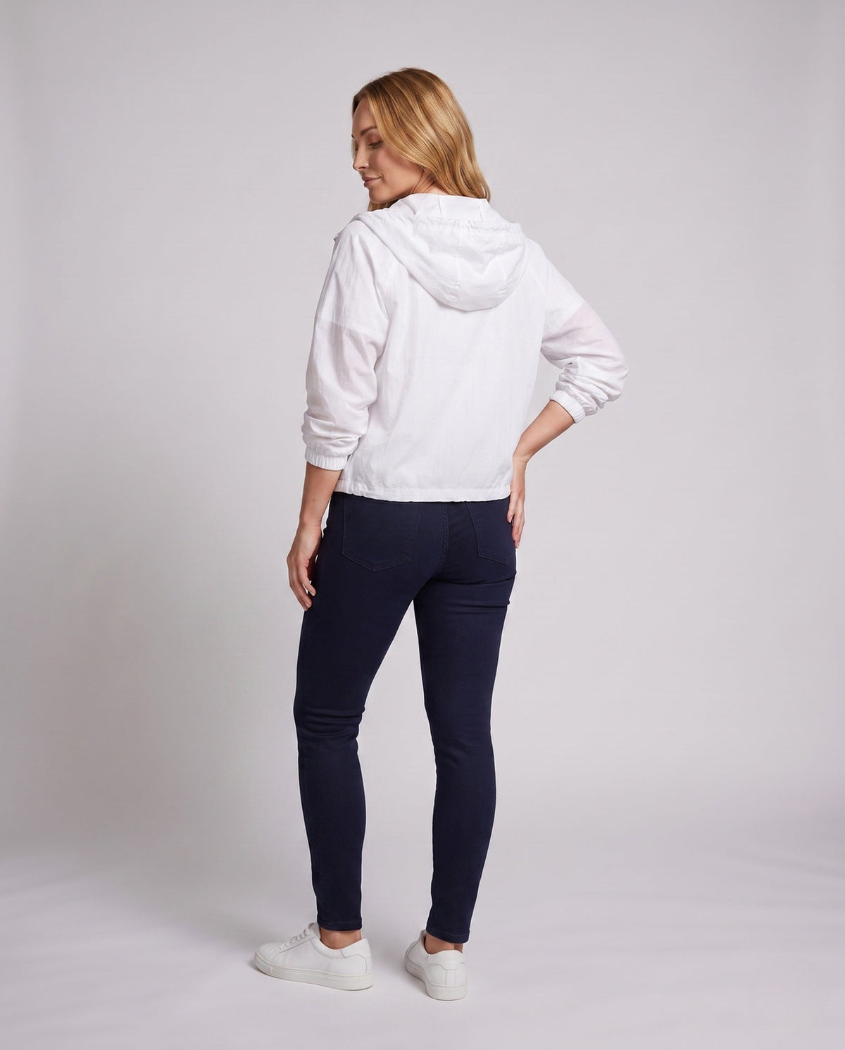 Women’s casual summer overlay jacket with hood, balloon sleeves, elastic hem, and front zipper All Fashion - back view