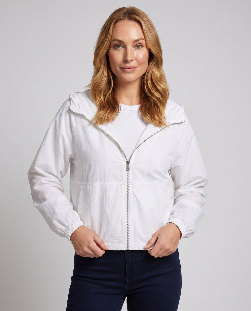 Women’s casual summer overlay jacket with hood, balloon sleeves, elastic hem, and front zipper All Fashion - upper body view