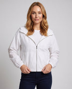 Women’s casual summer overlay jacket with hood, balloon sleeves, elastic hem, and front zipper All Fashion - upper body view
