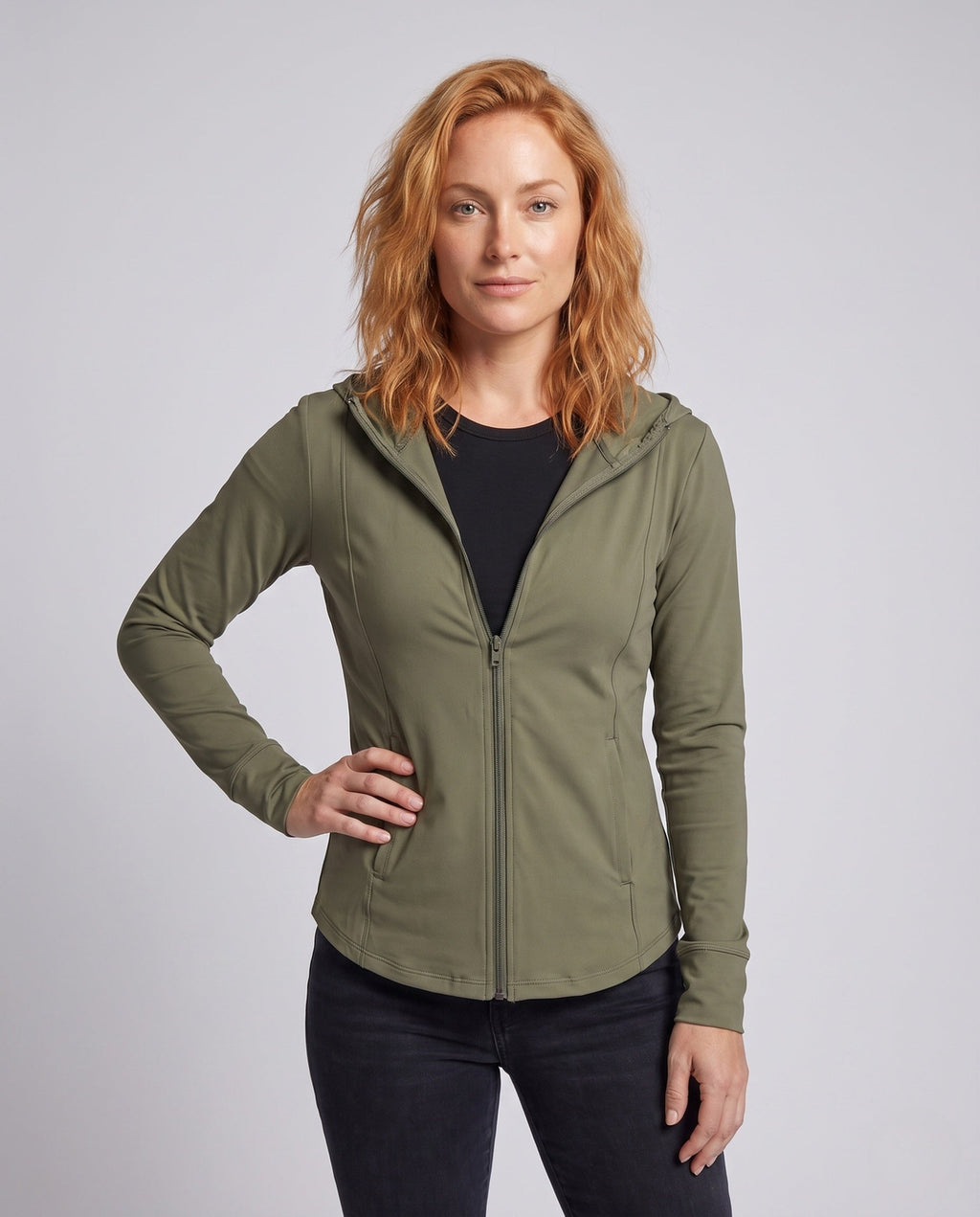 Women's lightweight breathable training jacket with hood and elastic cut All Fashion - upper body view