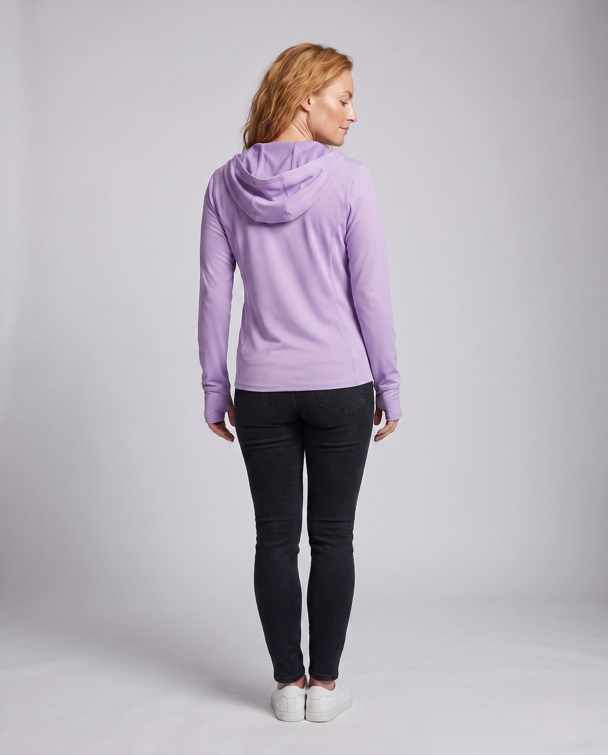 Women's lightweight functional hooded jacket with honeycomb structure, mesh inner lining, side zipper pockets, and thumb holes All Fashion - back view