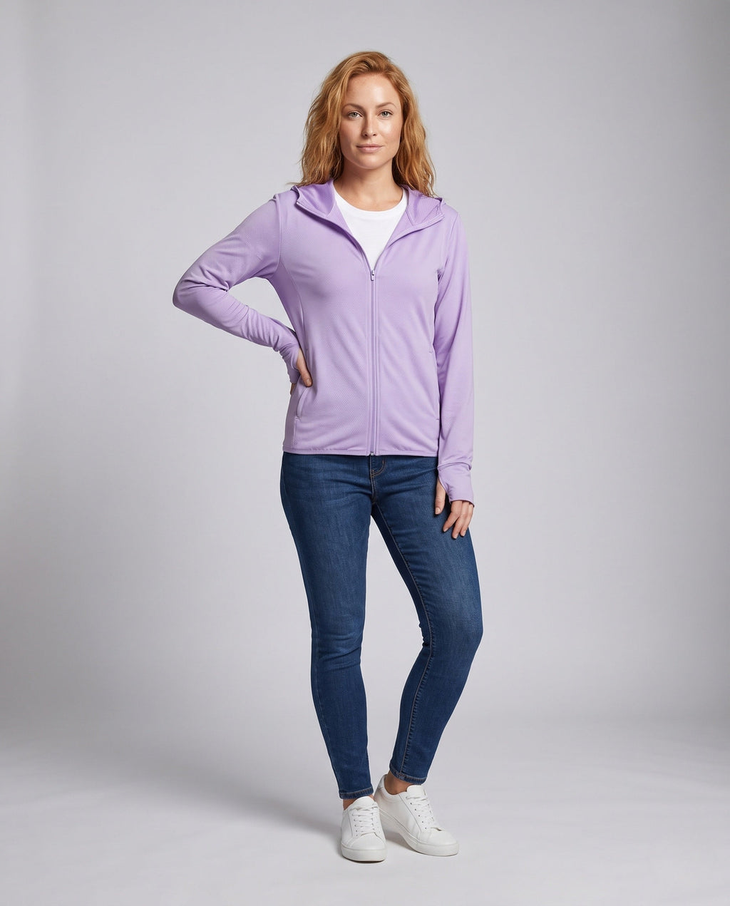 Women's lightweight functional hooded jacket with honeycomb structure, mesh inner lining, side zipper pockets, and thumb holes All Fashion - front view