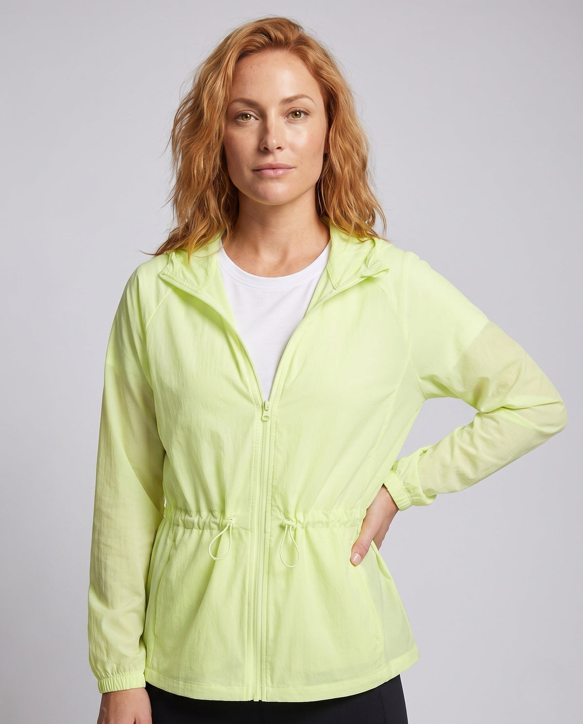 Women's lightweight hooded protection jacket with waist drawstring and elastic cuffs All Fashion - upper body view