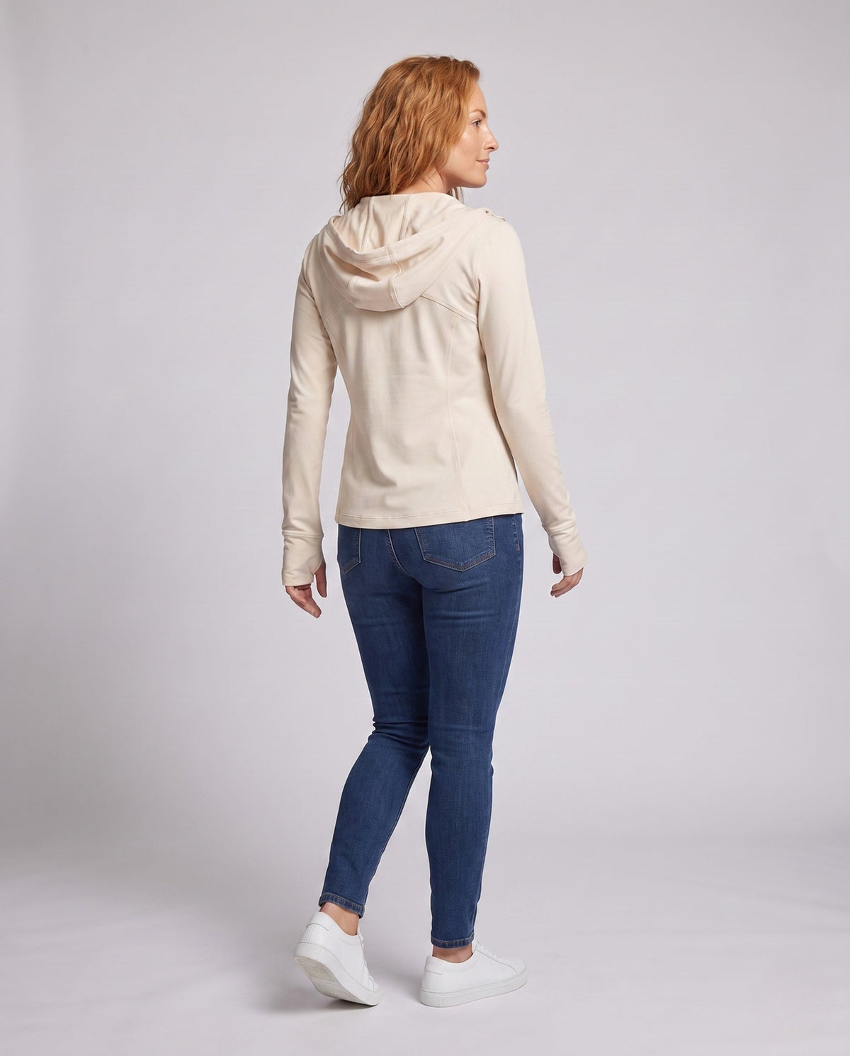 Women's lightweight hooded jacket with zipper and integrated thumb holes All Fashion - back view