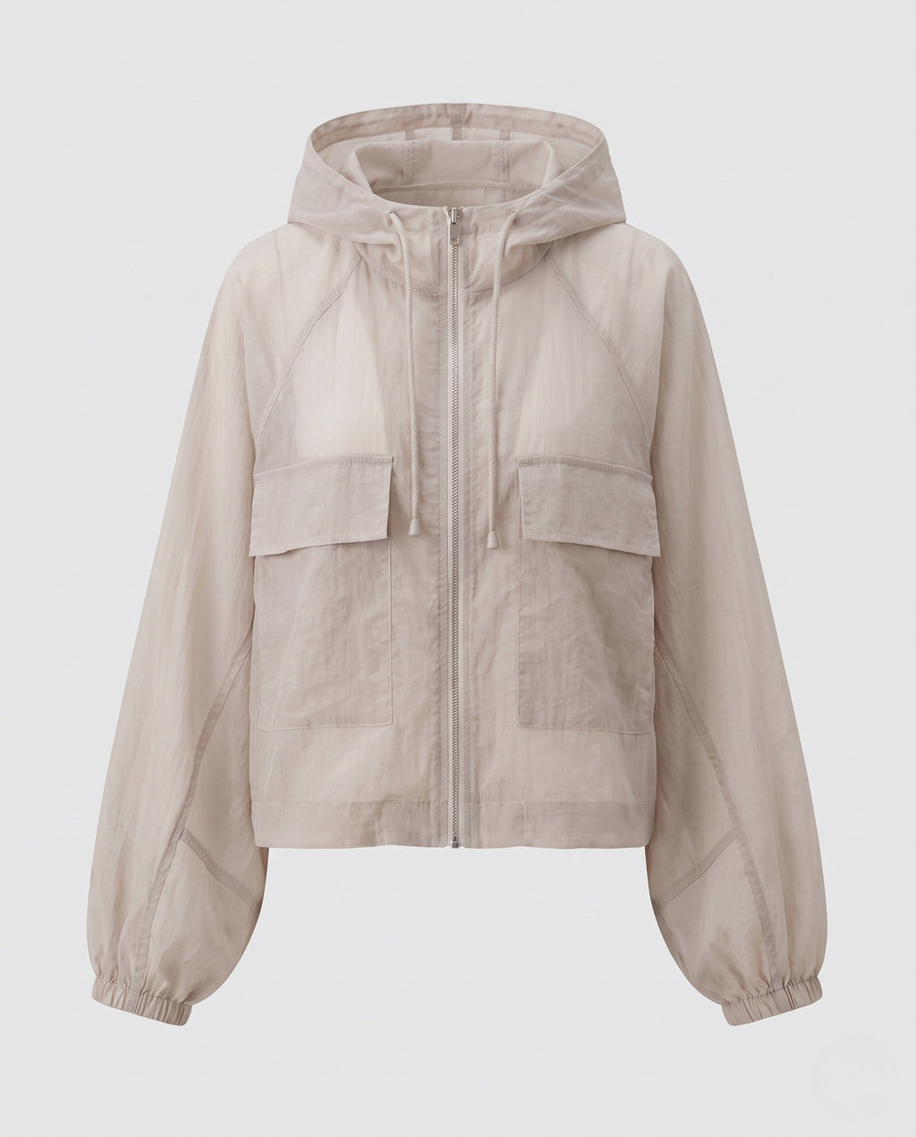 Women's lightweight short jacket in cargo style with hood, balloon sleeves, and patched pockets All Fashion - product shot