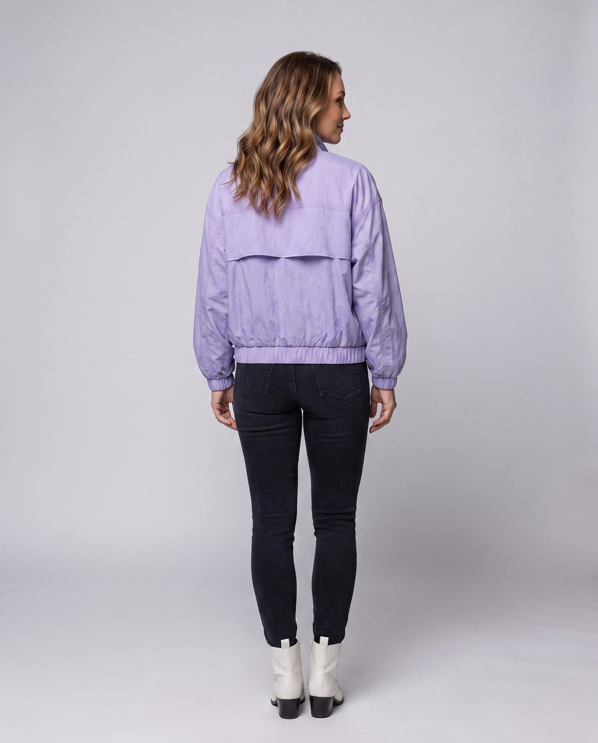 Women's light oversized short jacket with stand-up collar, elastic hem, and elbow-length sleeves All Fashion - back view