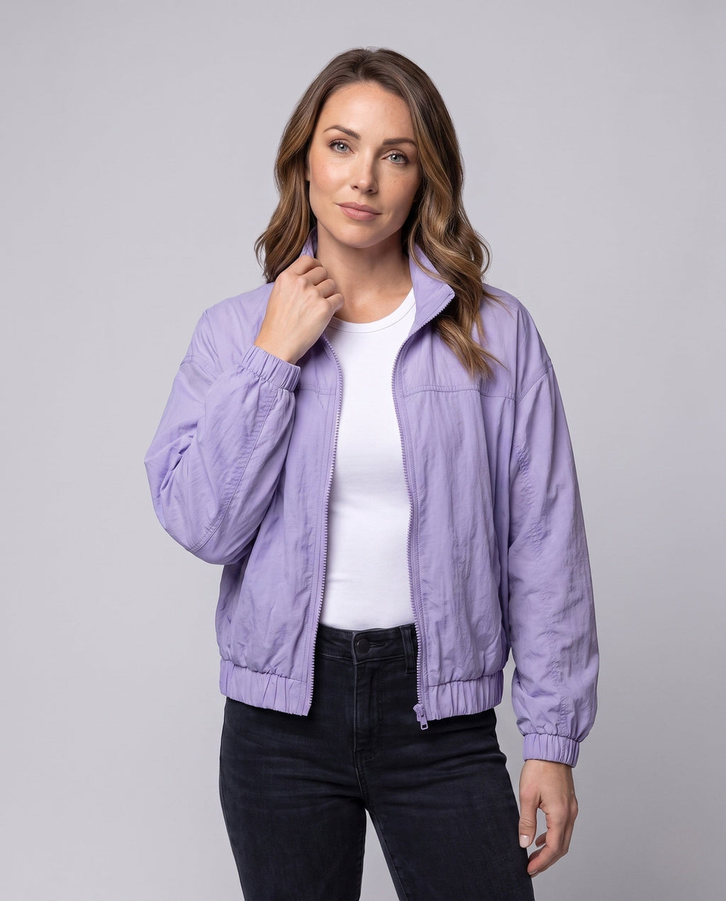Women's light oversized short jacket with stand-up collar, elastic hem, and elbow-length sleeves All Fashion - upper body view