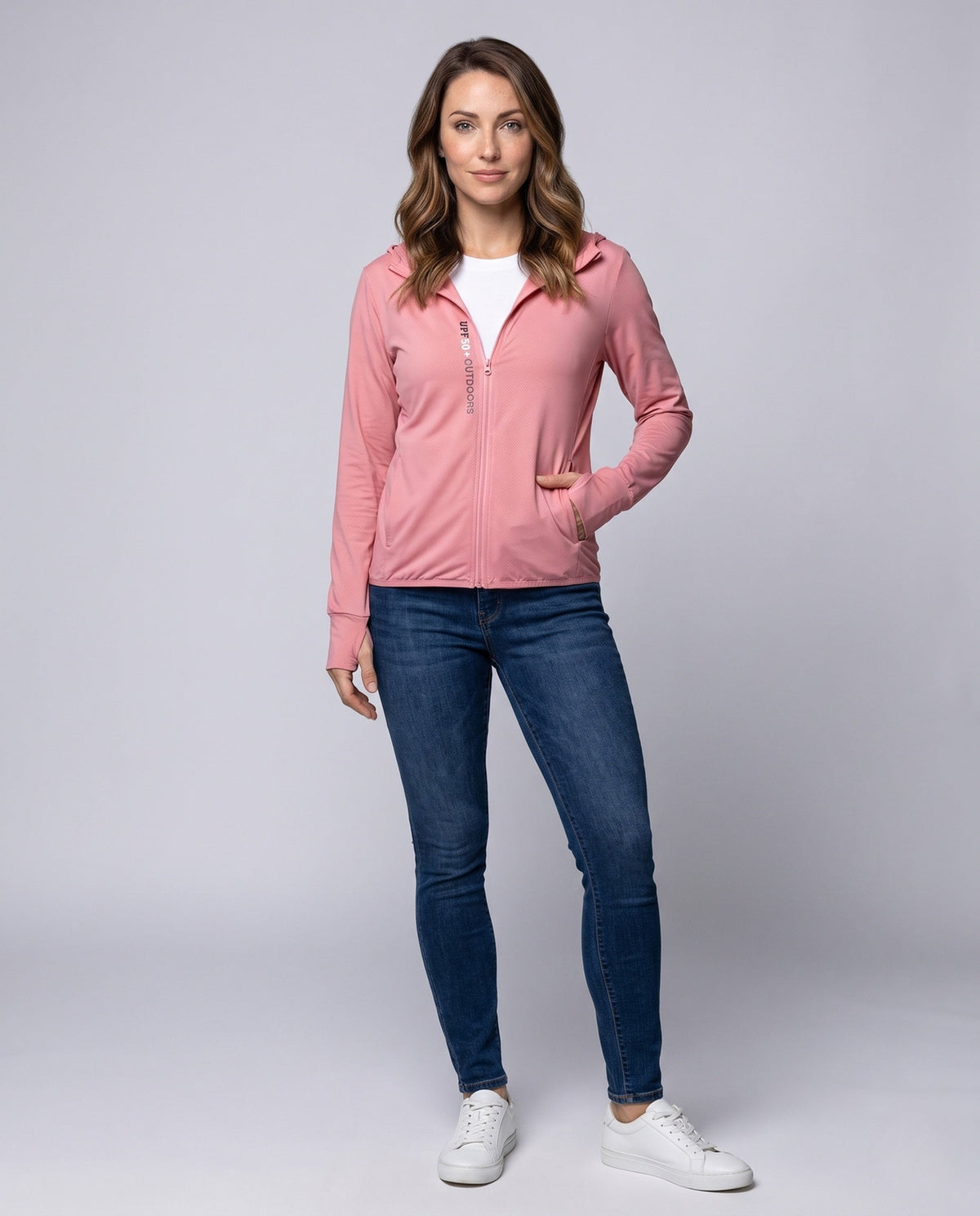 Women's nano micro-perforated hoodie jacket with fine texture, flat seams, and elastic hem All Fashion - front view