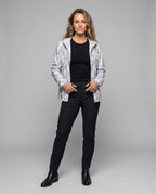 Women's travel-friendly hoodie jacket with hexagonal structure print, finely knitted microfiber finish, and elastic hem All Fashion - front view