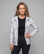 Women's travel-friendly hoodie jacket with hexagonal structure print, finely knitted microfiber finish, and elastic hem All Fashion - upper body view