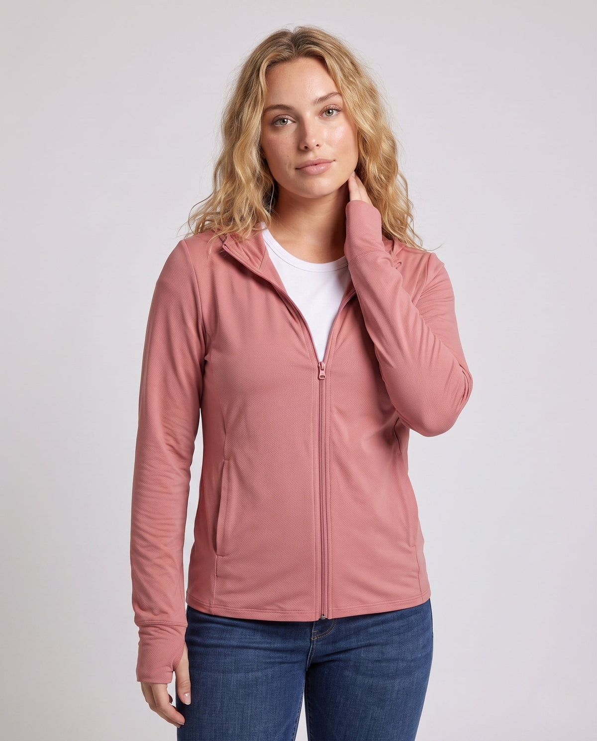 Women's ultra-light running hooded jacket with micro-perforated fabric, elastic hem, and slim fit All Fashion - upper body view