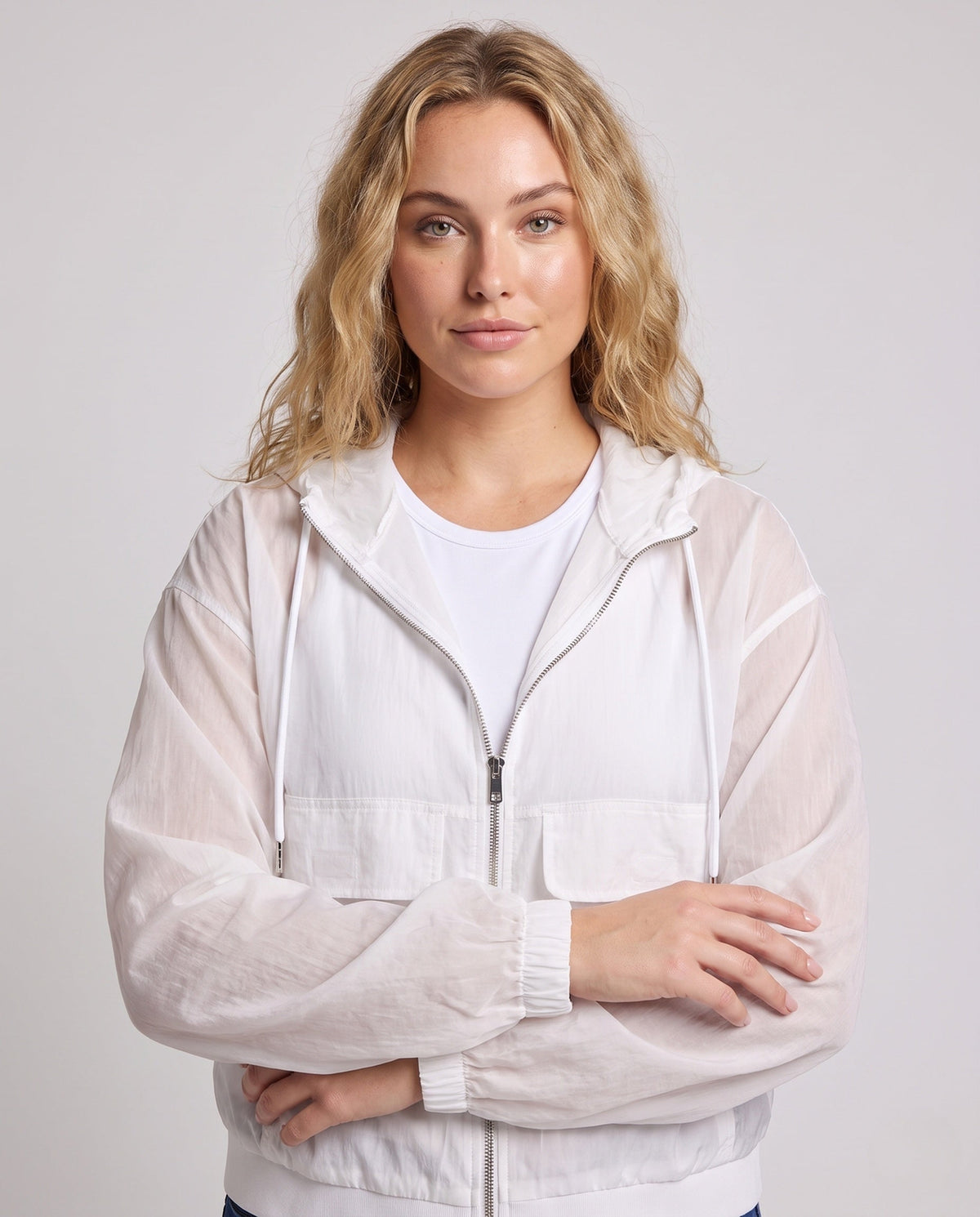 Women's ultra-light transparent hooded jacket with zipper All Fashion - upper body view