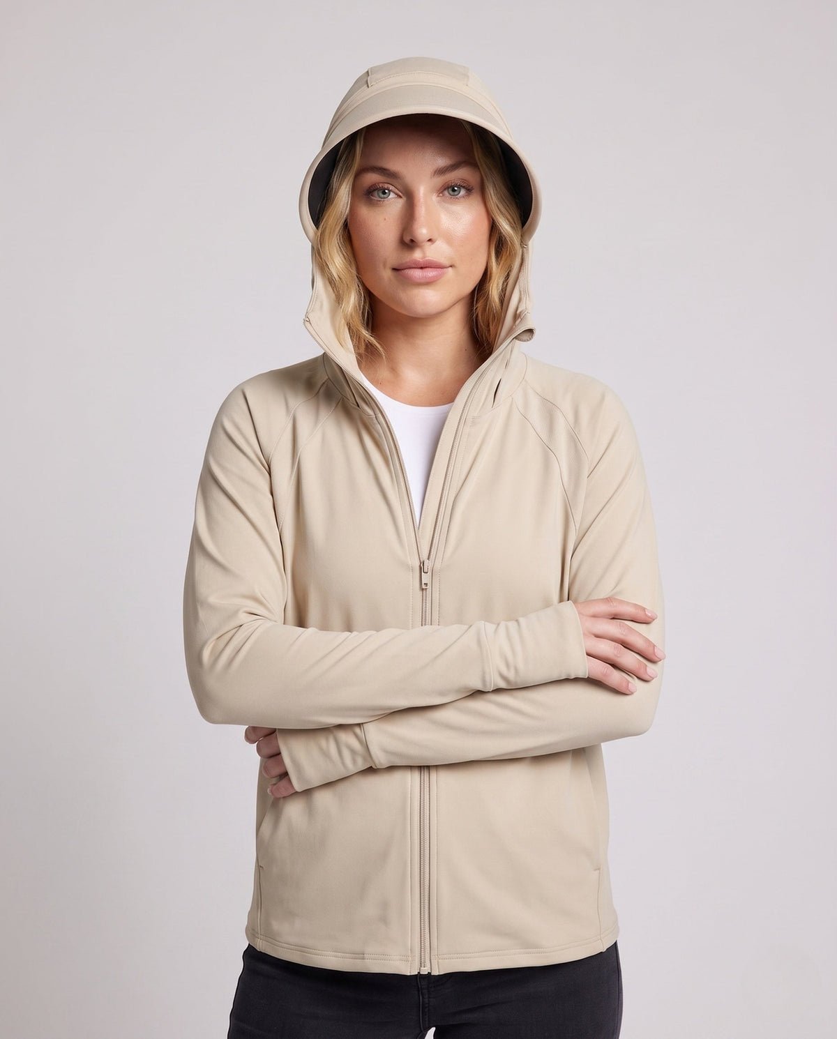 Unisex nan UV protection hoodie jacket with removable visor and breathable cooling fabric All Fashion - upper body view