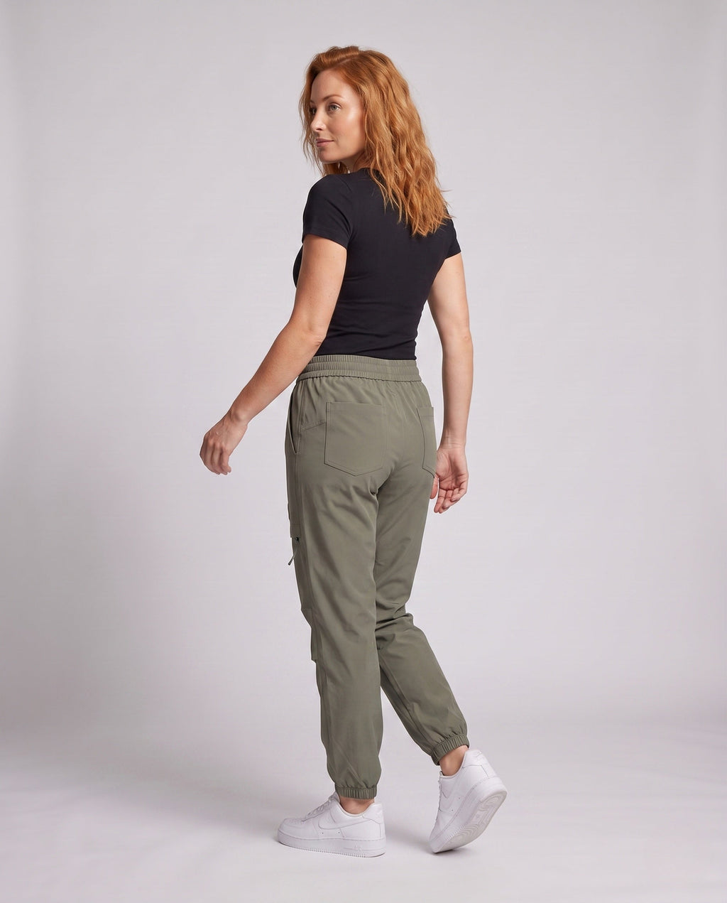 Women's comfortable and casual cargo pants with elastic waistband - back view