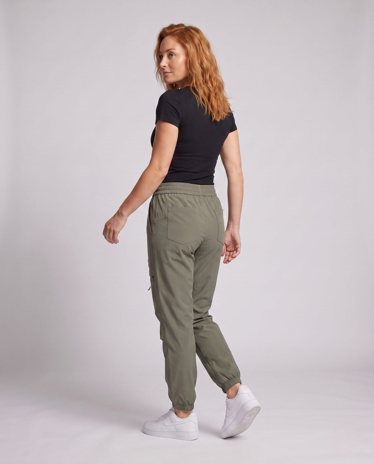 Women's comfortable and casual cargo pants with elastic waistband - back view