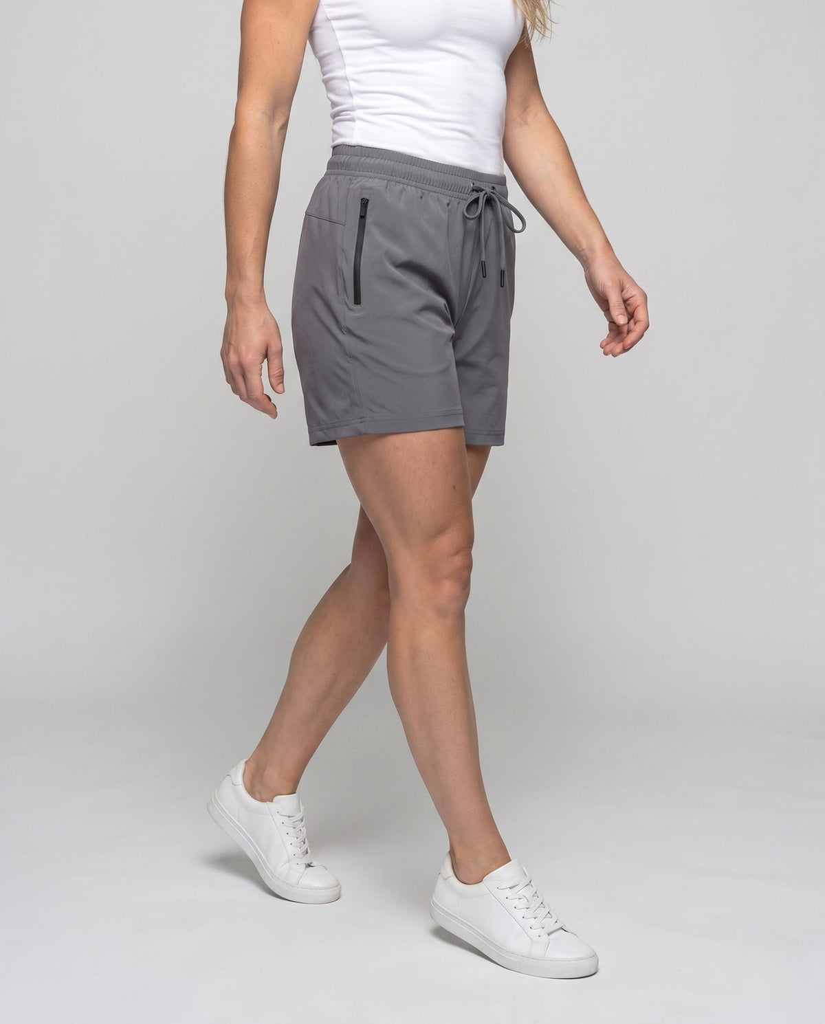 Women's sporty shorts with elastic waistband and breathable material - lower body view
