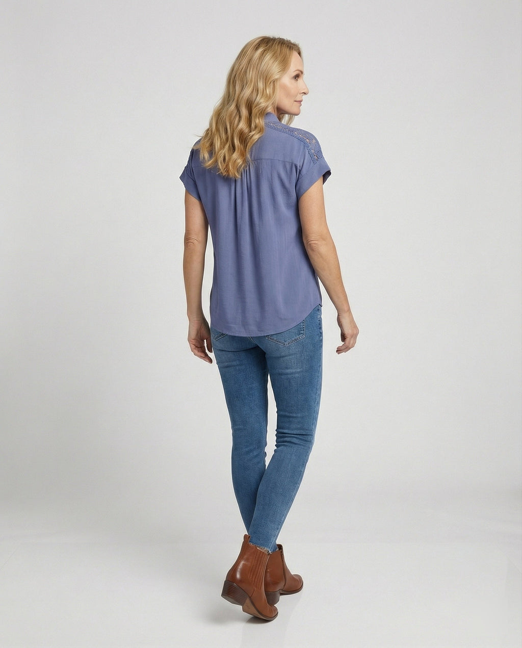 Short Sleeve Blouse Top Women with Crochet Accents