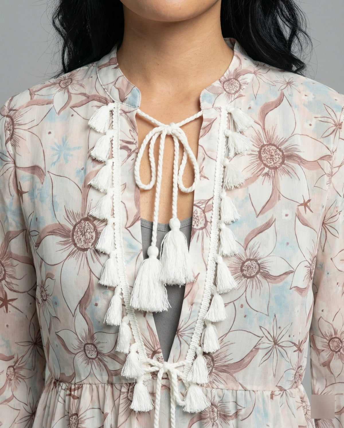Women's beach dress with high collar and romantic floral pattern