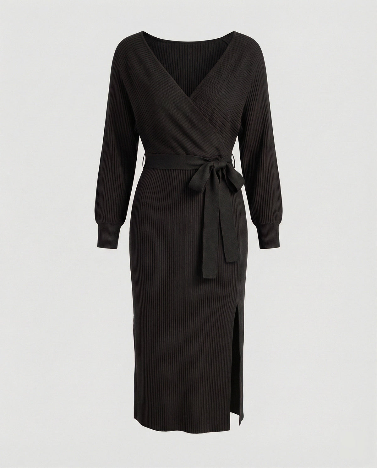 Women's knitted dress with elegant wrap design and decorative belt