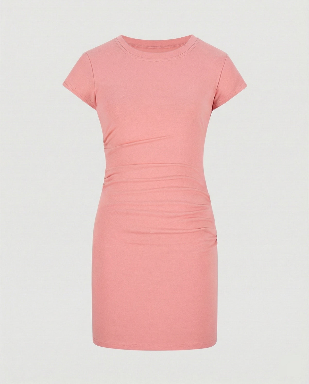 Figure-hugging mini dress with round neck and gathers for summer