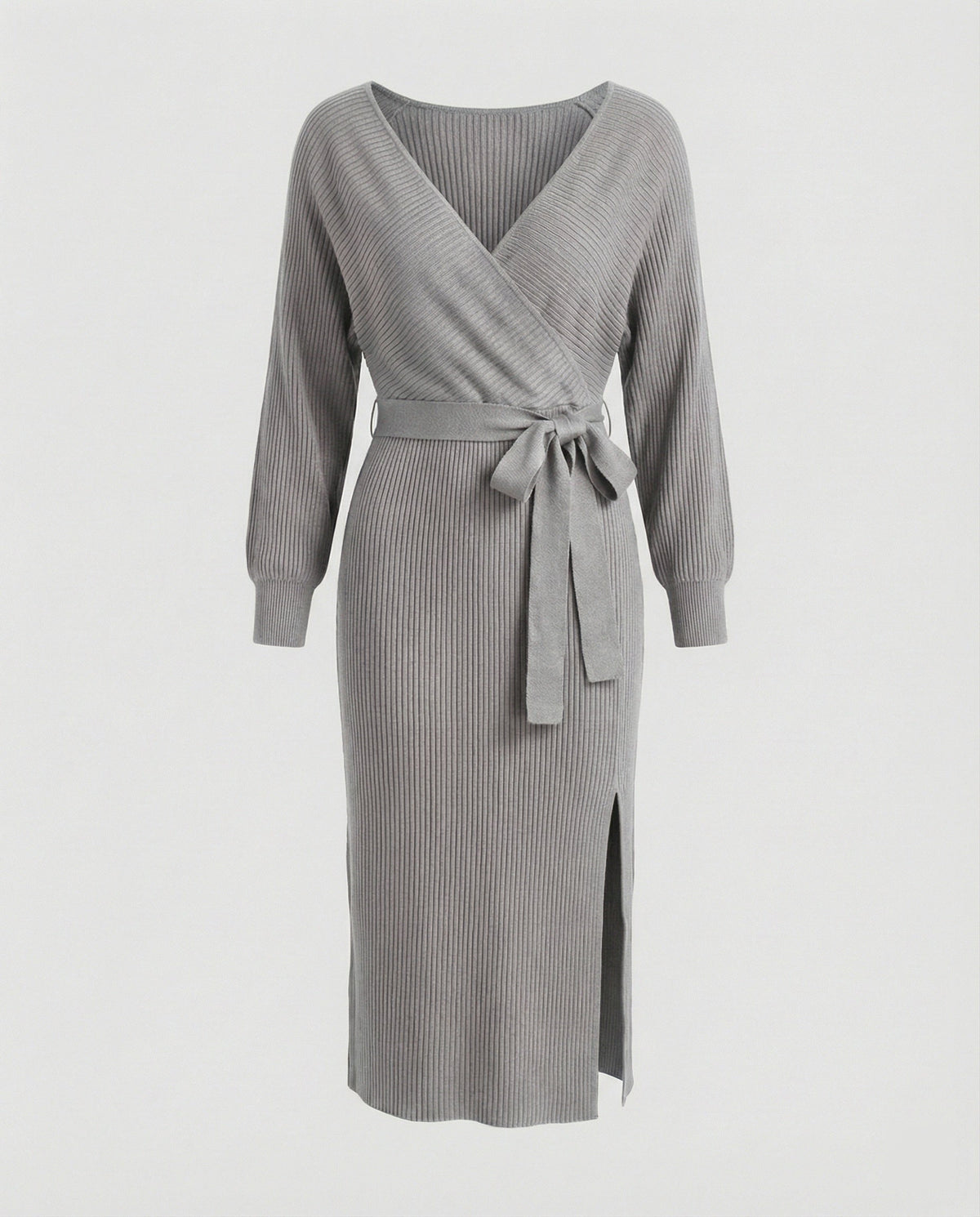 Women's knitted dress with elegant wrap design and decorative belt