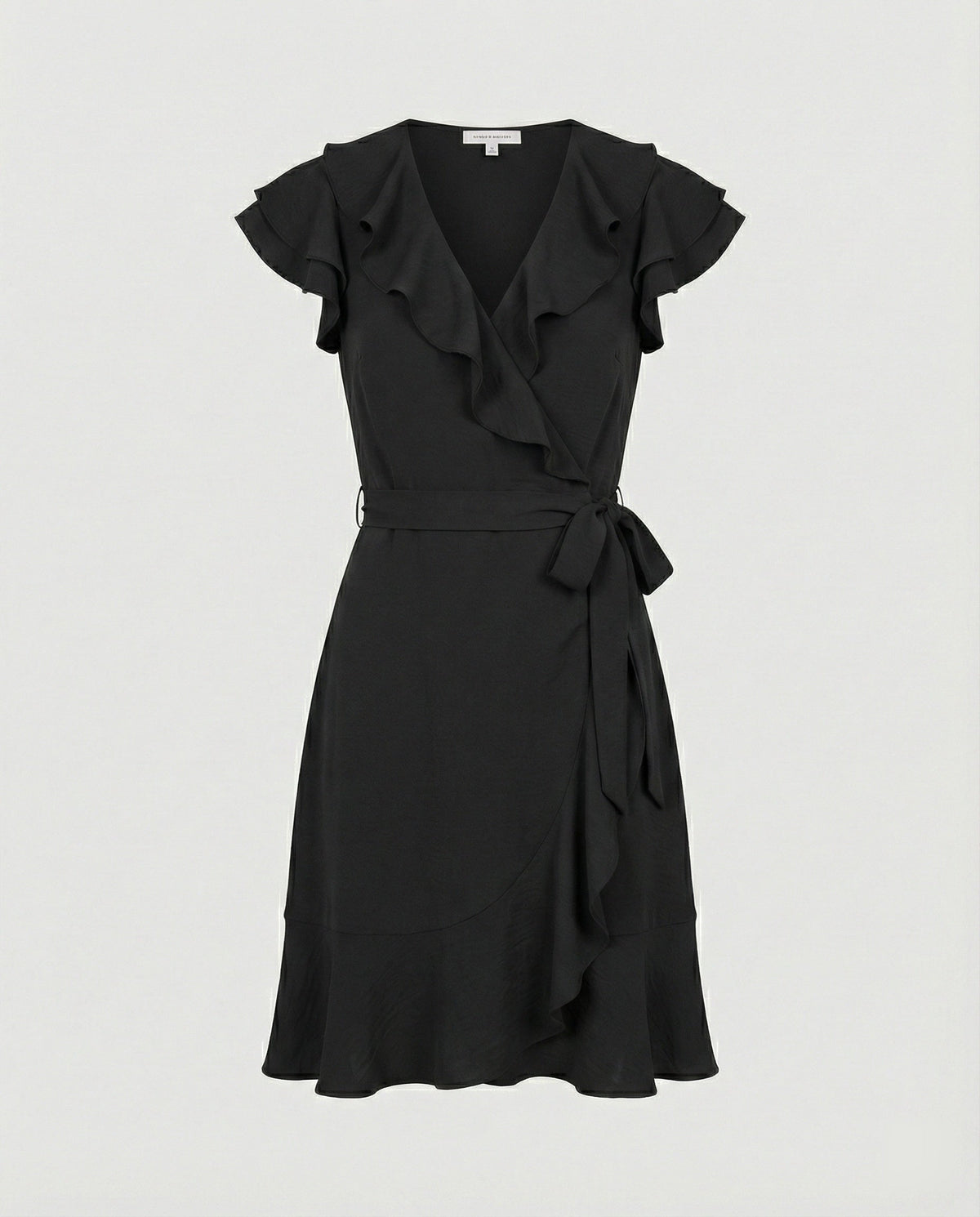 Women's wrap dress with voluminous ruffle details and waist belt