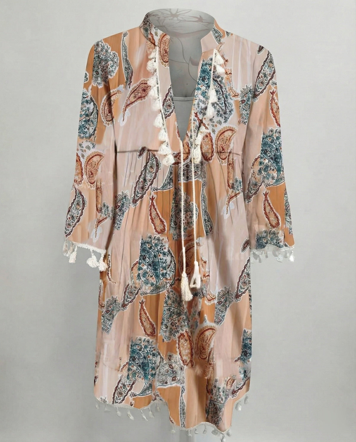 Women's beach dress with high collar and romantic floral pattern