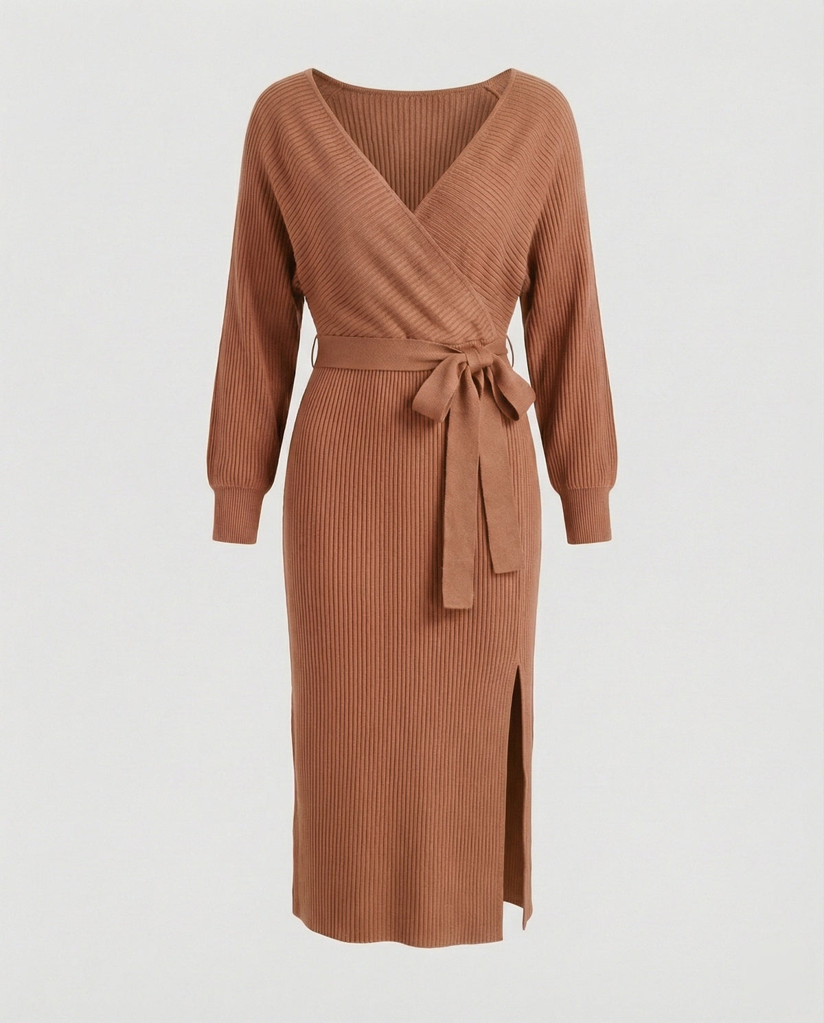Women's knitted dress with elegant wrap design and decorative belt