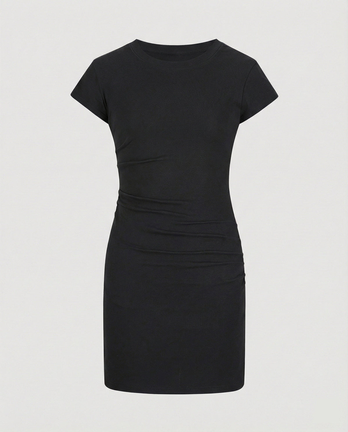 Figure-hugging mini dress with round neck and gathers for summer