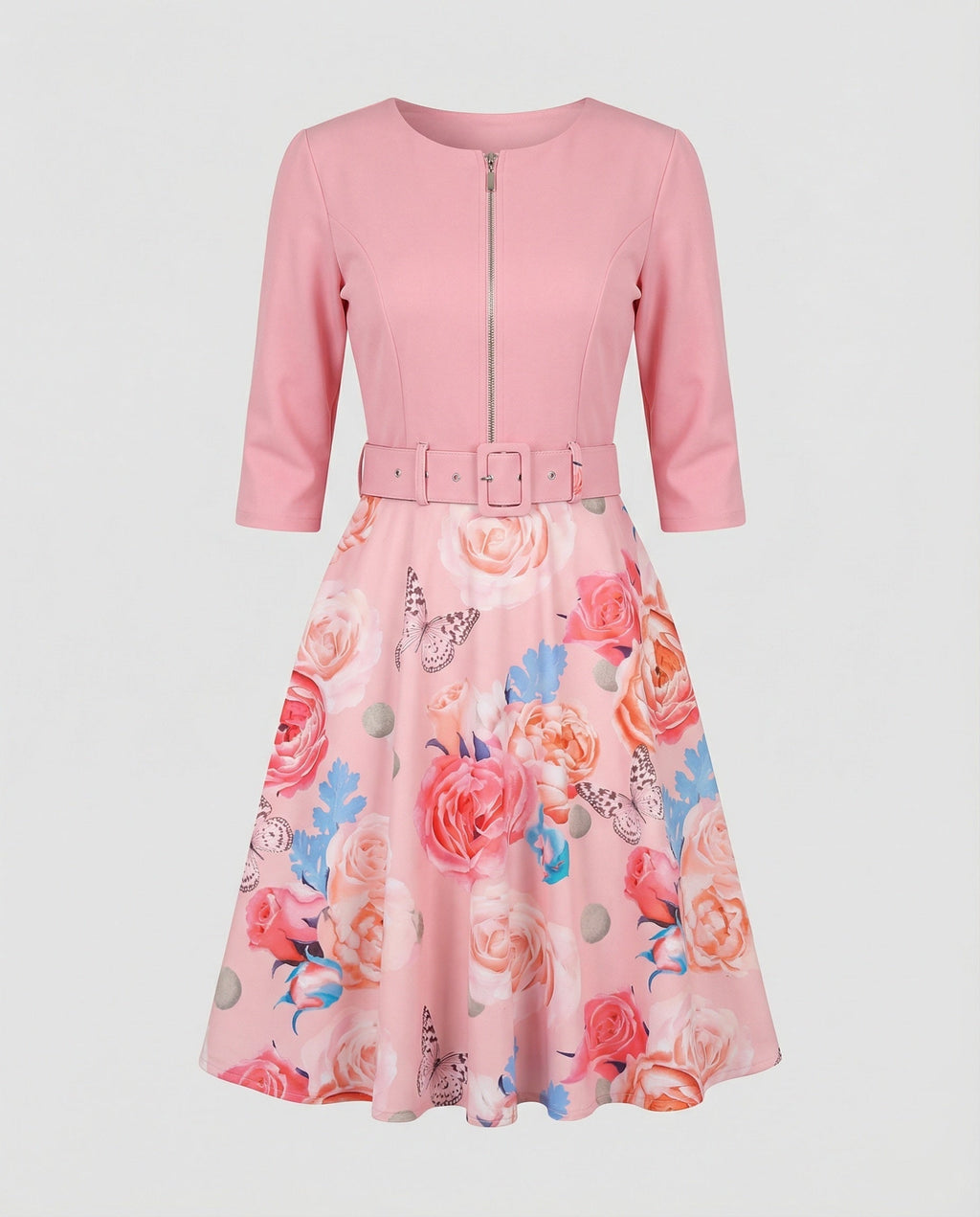 Women A-line dress with fitted belt and floral pattern