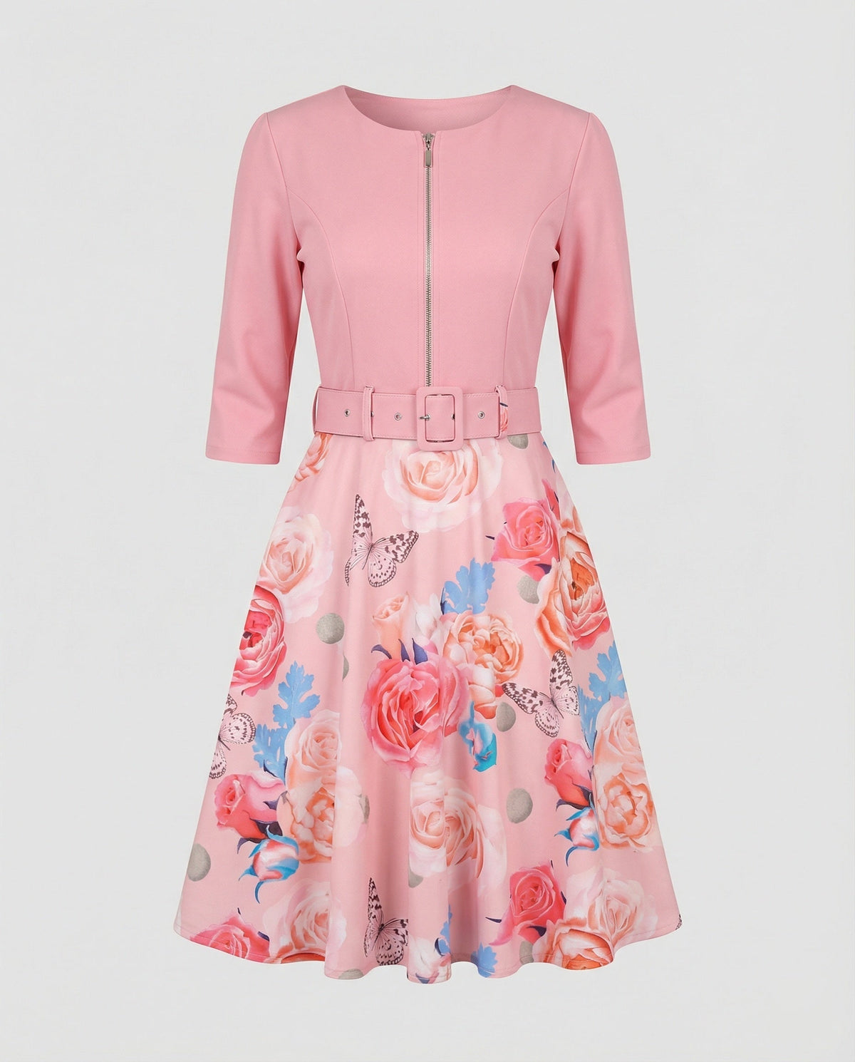 Women A-line dress with fitted belt and floral pattern