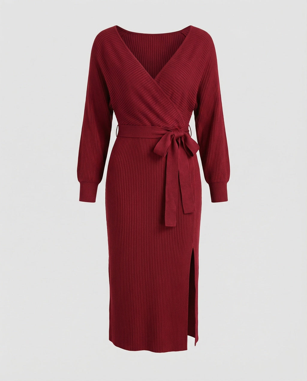 Women's knitted dress with elegant wrap design and decorative belt