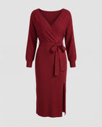 Women's knitted dress with elegant wrap design and decorative belt