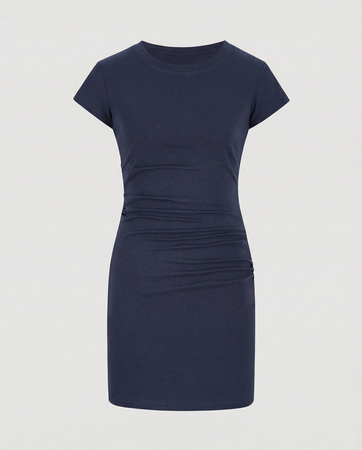 Figure-hugging mini dress with round neck and gathers for summer