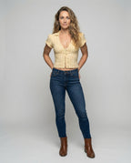 Women Striped Eyelet Lacing Mixed Fabric Blouse Set - front view