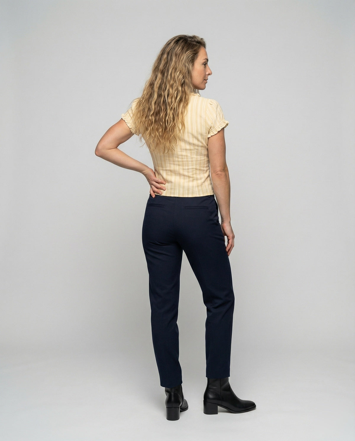 Women Striped Eyelet Lacing Mixed Fabric Blouse Set - back view