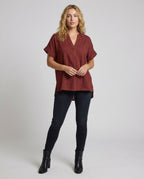 Women's Loose V-Neck Blended Longline Blouse Shirt - front view