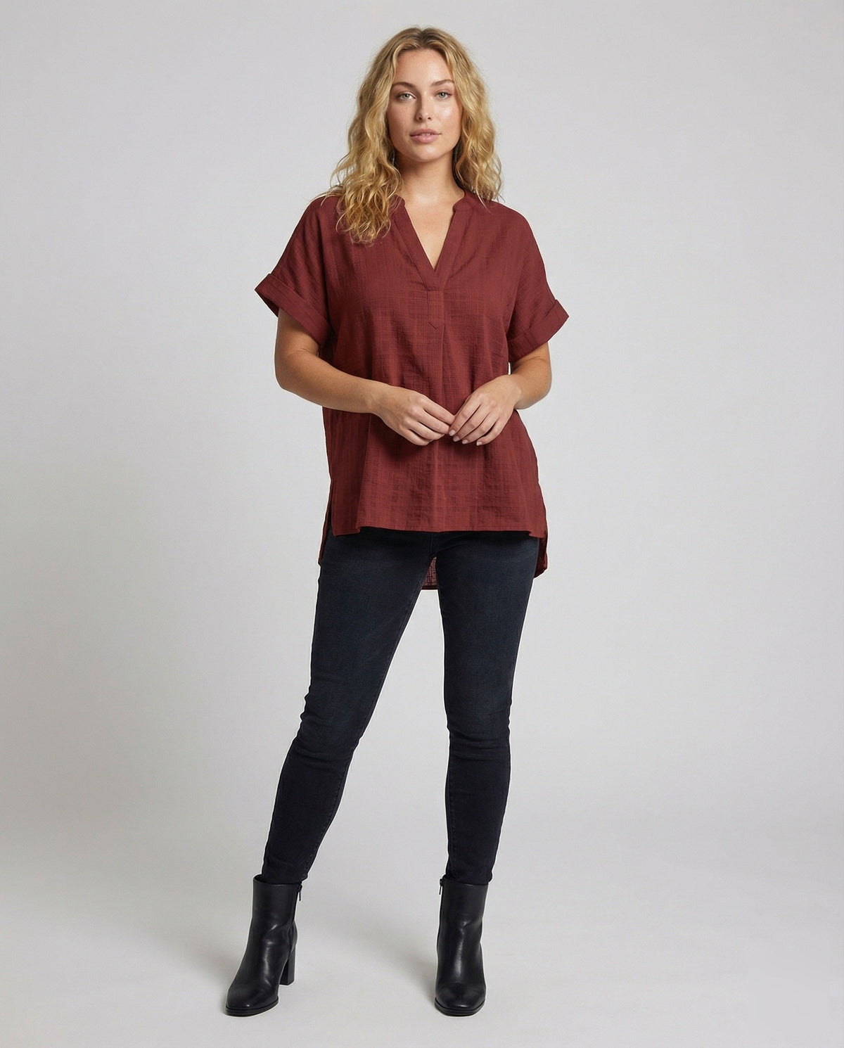 Women's Loose V-Neck Blended Longline Blouse Shirt - front view