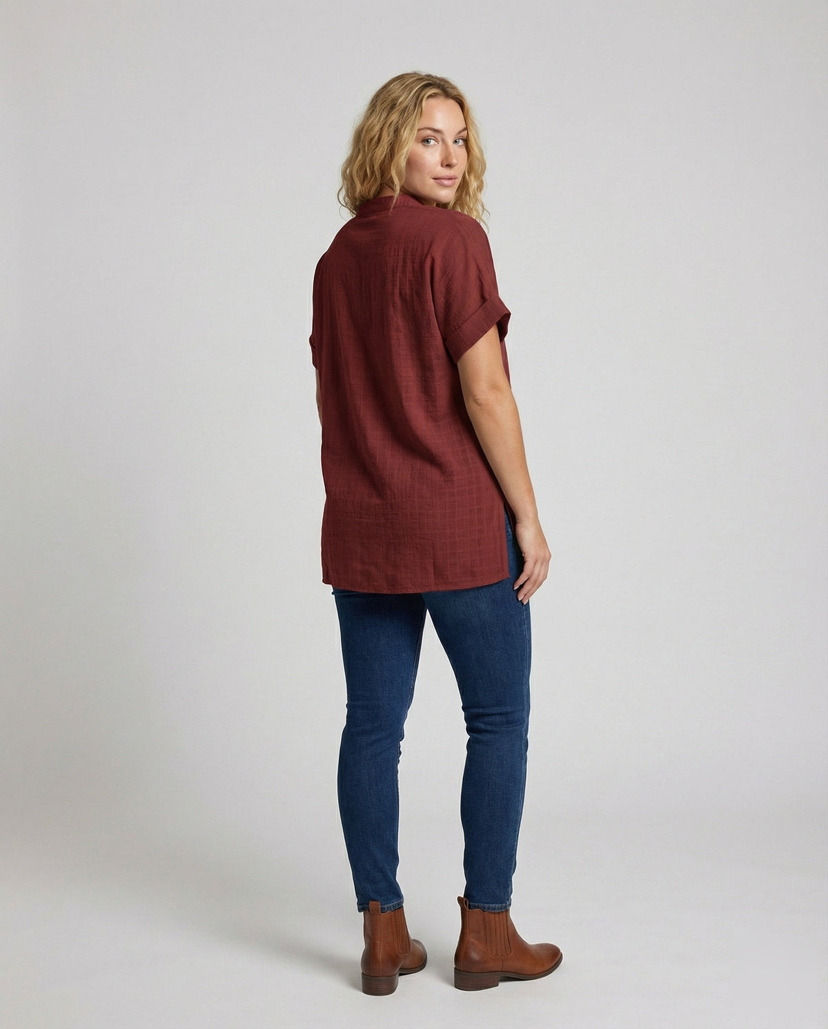 Women's Loose V-Neck Blended Longline Blouse Shirt - back view