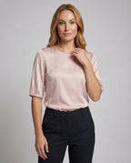 Women Flowing Round Neck Satin Blouse Top - upper body view