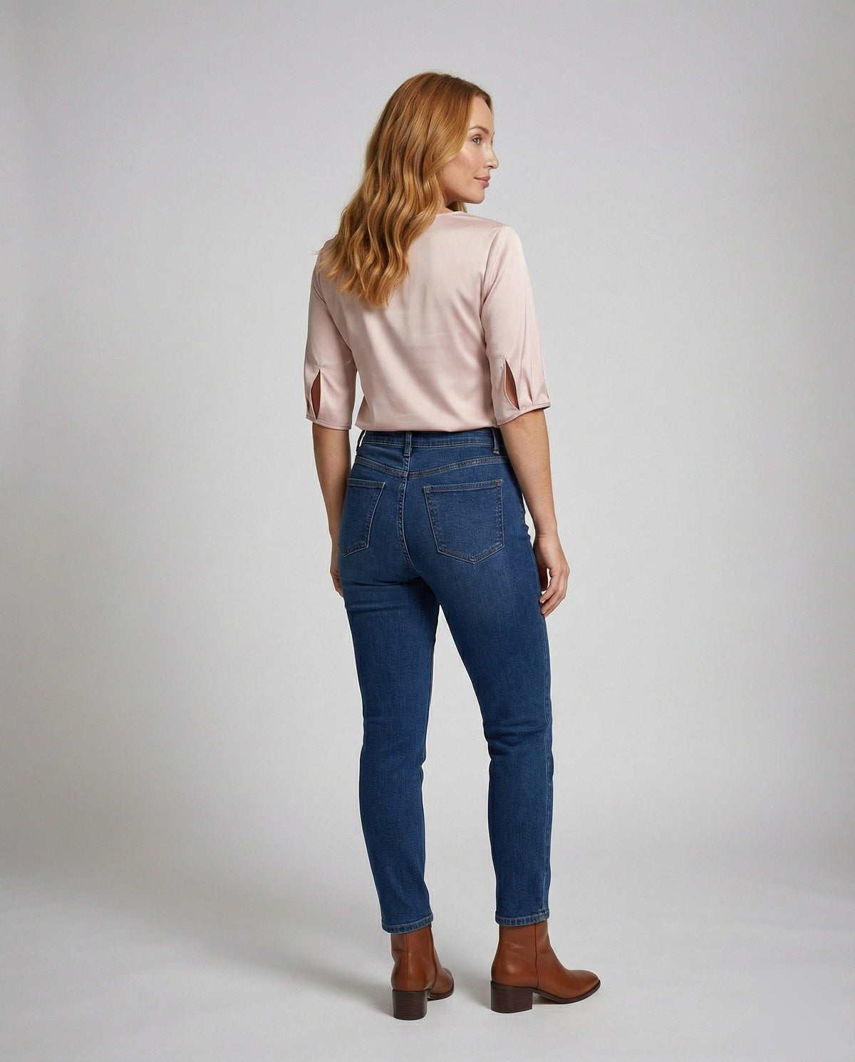 Women Flowing Round Neck Satin Blouse Top - back view