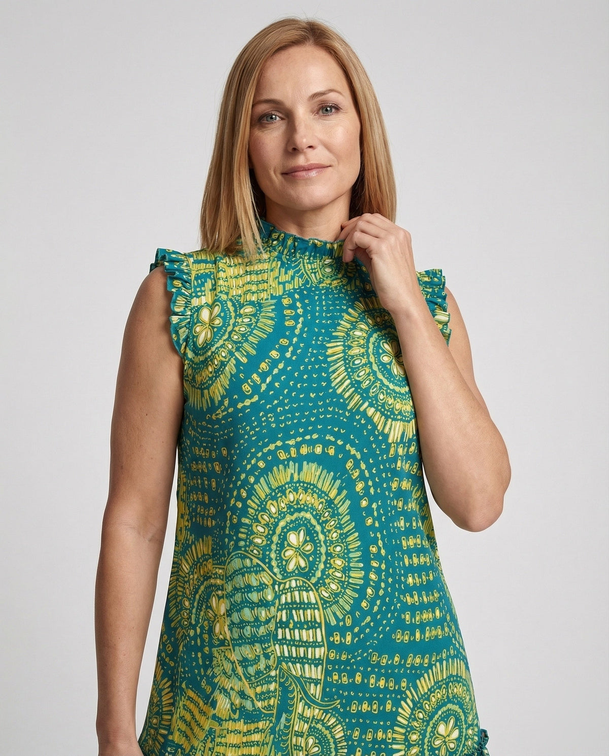 Ruffled Dress Sleeveless Boho Print Women - upper body view